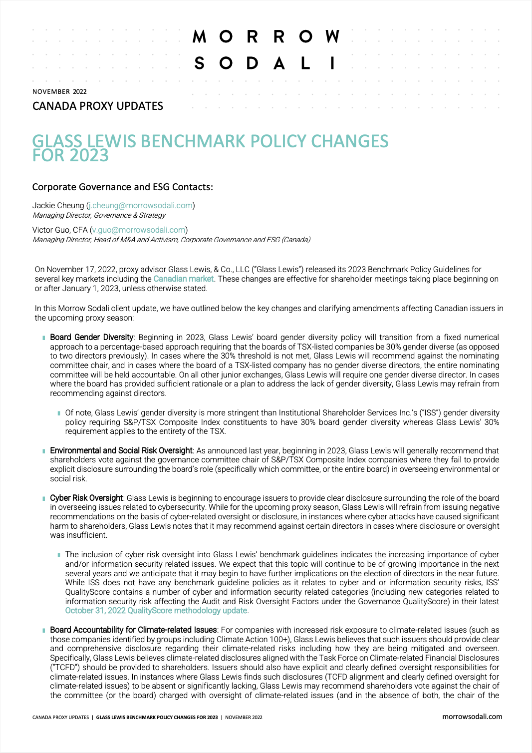 GLASS LEWIS CANADIAN BENCHMARK POLICY CHANGES FOR 2023