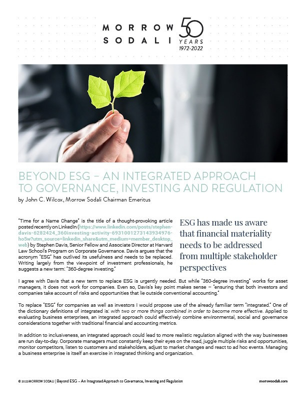 Beyond ESG – An Integrated Approach to Governance, Investing and Regulation