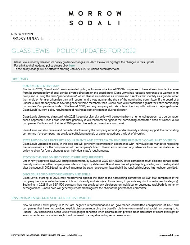 Proxy Update: Glass Lewis – Policy Updates for 2022