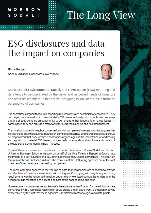 ESG disclosures and data –  the impact on companies